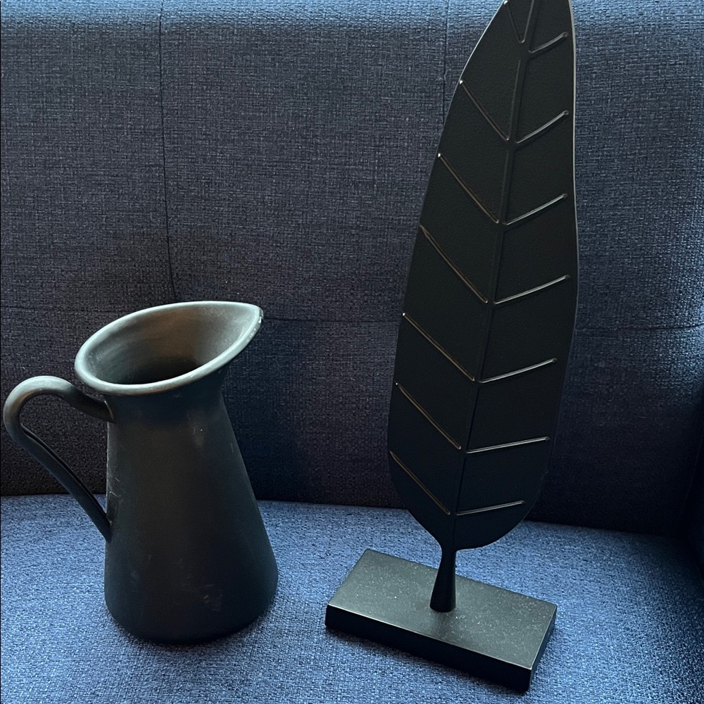 IKEA Black Decorative Pitcher and Leaf Sculpture